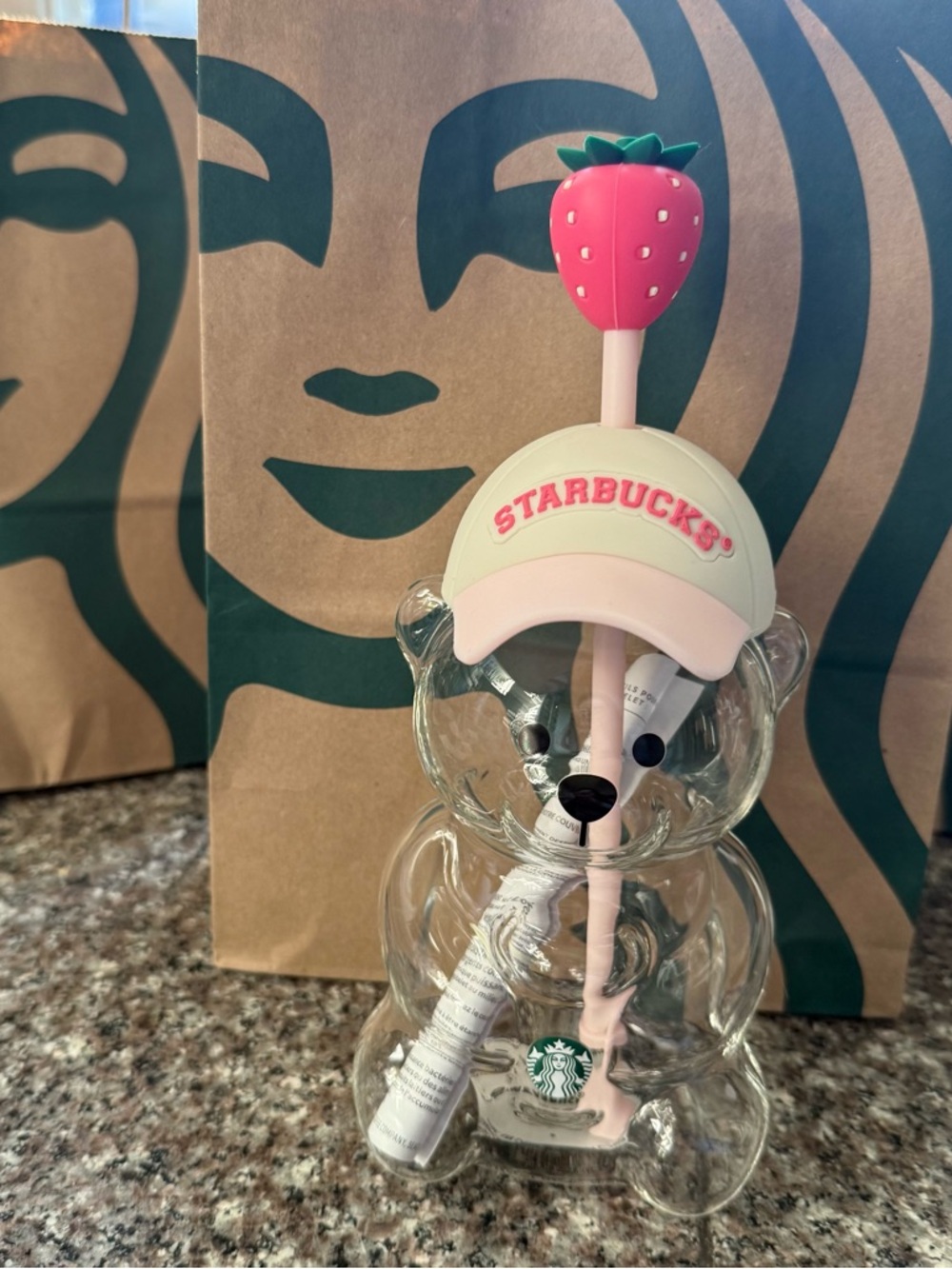 Starbucks Clear Bear Cup with Pink Strawberry Straw and Mint Hat